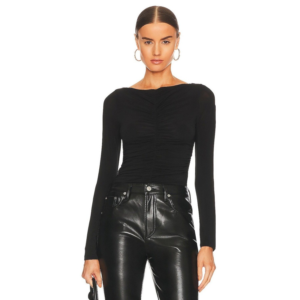 Citizens of Humanity Penelope Shirred Mesh Bodysuit Black Long Sleeve XS